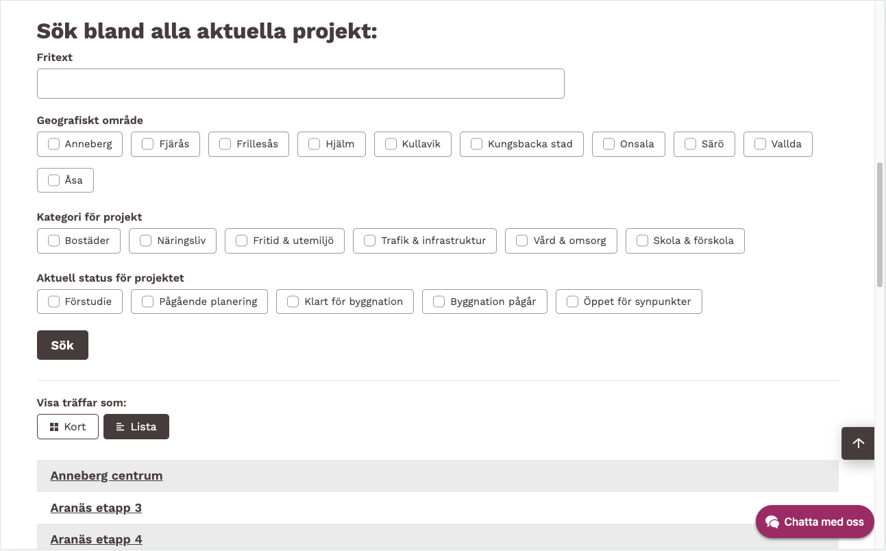 Skärmdump av Kungsbackas tillämpning av modulen Filtrerbar listning med visningssätt "Lista"